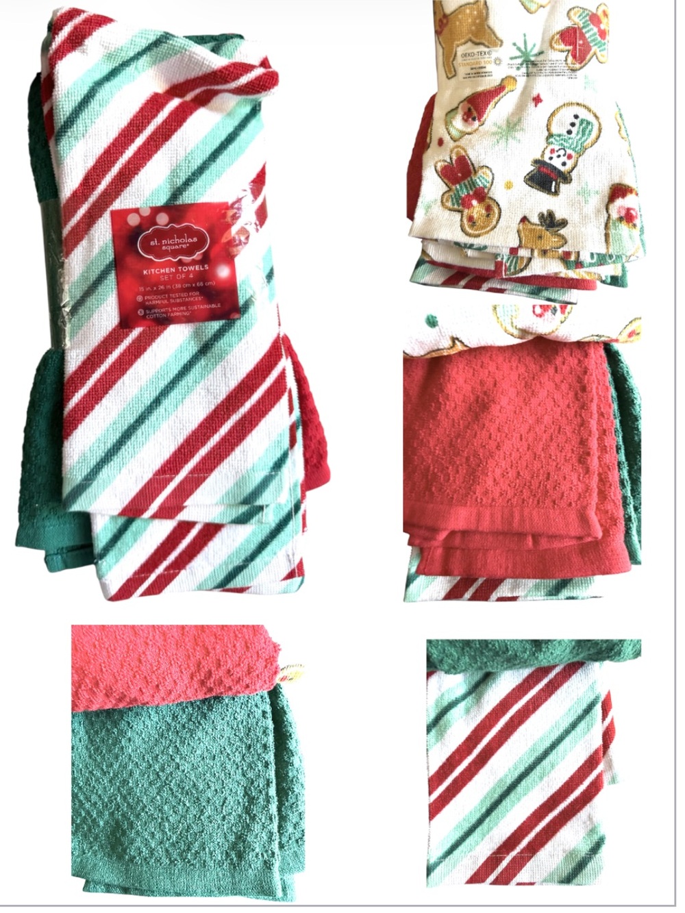 St. Nicholas Square 4pc set Red, Green & White Holiday Kitchen Towel Set NWT